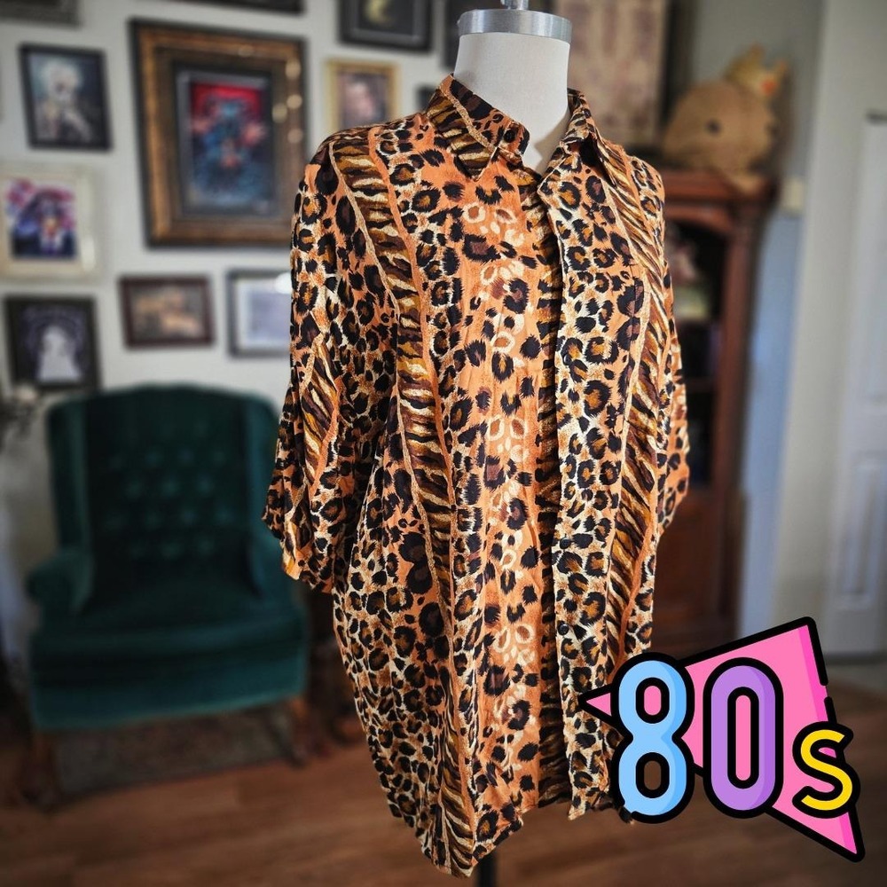 Monticerutti Leopard Shirt Vintage 80s Animal Print Hawaiian Rayon Large Brown